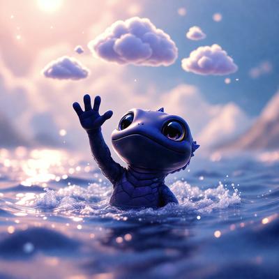 The primary subject of the image is a cartoon lizard, which is the main object, scene, or focus of the image. The lizard is depicted in a blue and white color scheme, giving it a playful and friendly appearance. The setting or background of the image features a body of water, such as a lake or ocean, with clouds in the sky. The visual style of the image is digital art, as it is a well-crafted and detailed illustration. The overall atmosphere of the image is light-hearted and fun, with the lizard seemingly enjoying its time in the water.